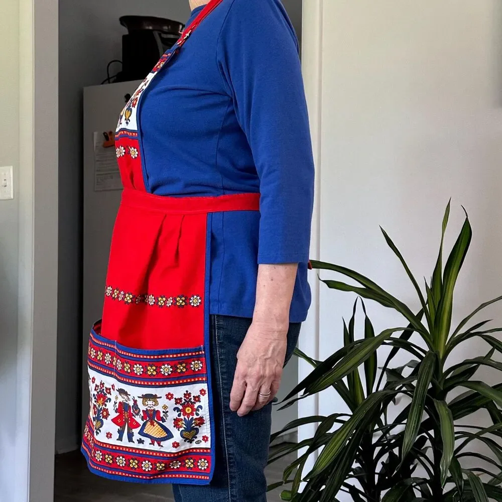 Vintage Kolf Austria Folk Art Kitchen 2 Pc Set Red Blue Bib Apron & Table Square